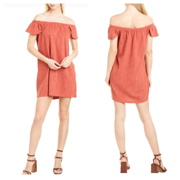 Madewell Eloise Off the Shoulder Mini Dress Flutter Sleeve Rust Textured Sz M - Picture 11 of 16